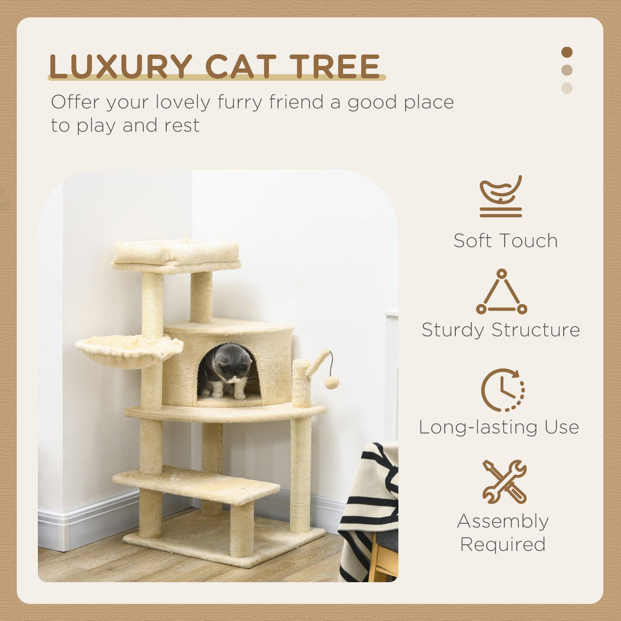 Cat Tree Tower with Sisal Scratching Post, 100cm - Cream White - Cat Trees - Purr Wish