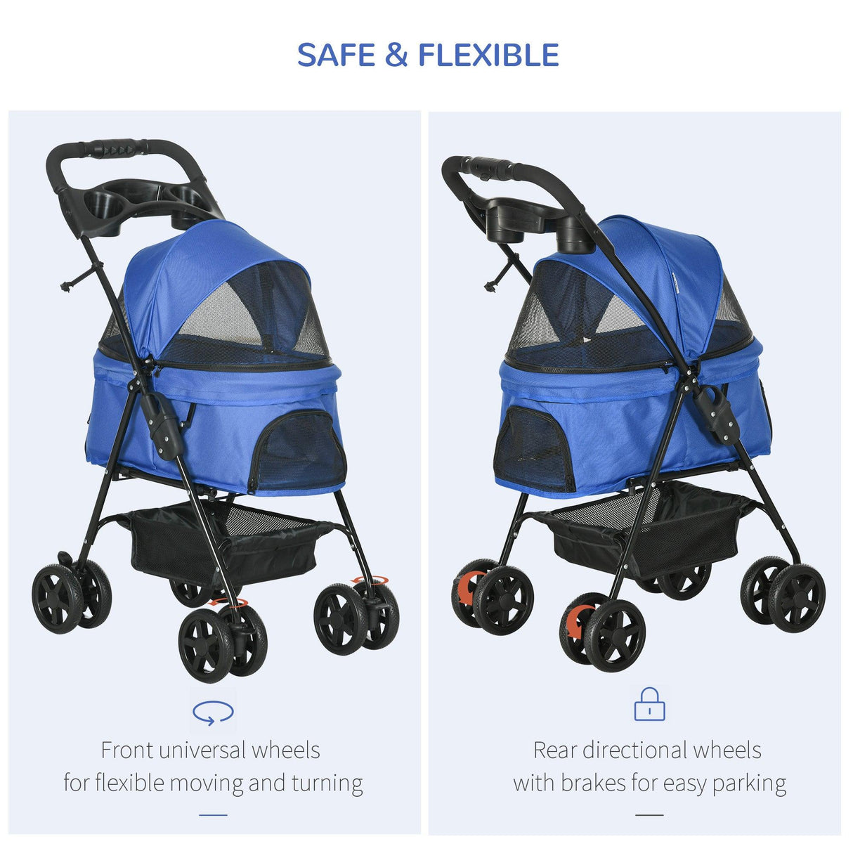 Cat Stroller with Rain Cover and EVA Wheels - Blue - Cat Carriers & Strollers - Purr Wish