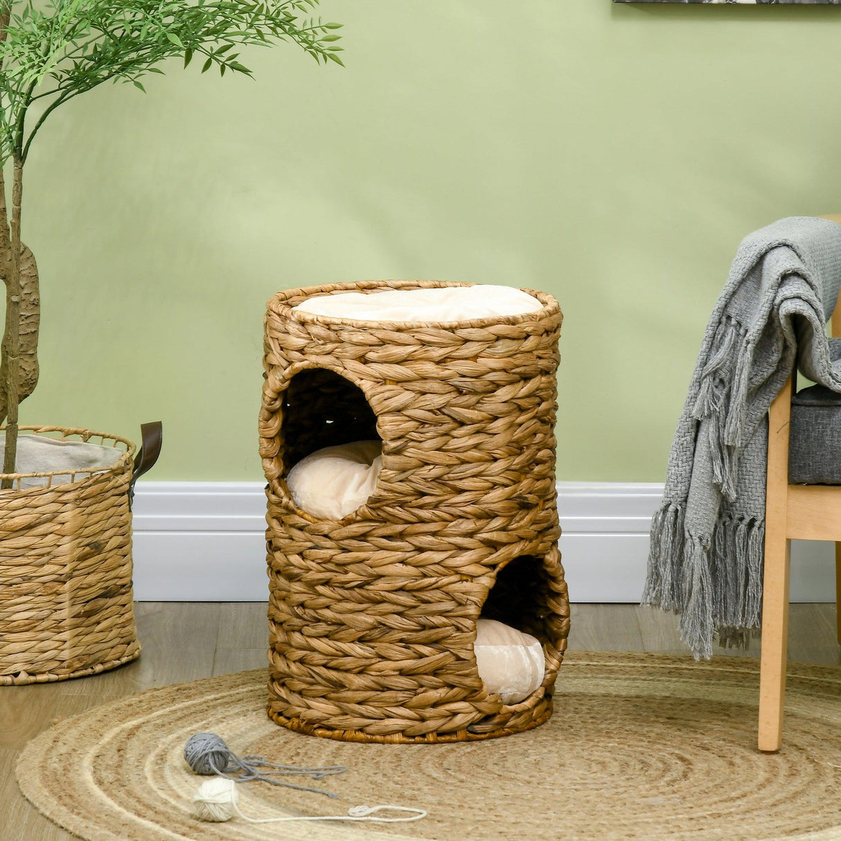 Indoor Cat Barrel Tree with 2 Cat Houses, 47cm - Light Brown - Cat Trees - Purr Wish