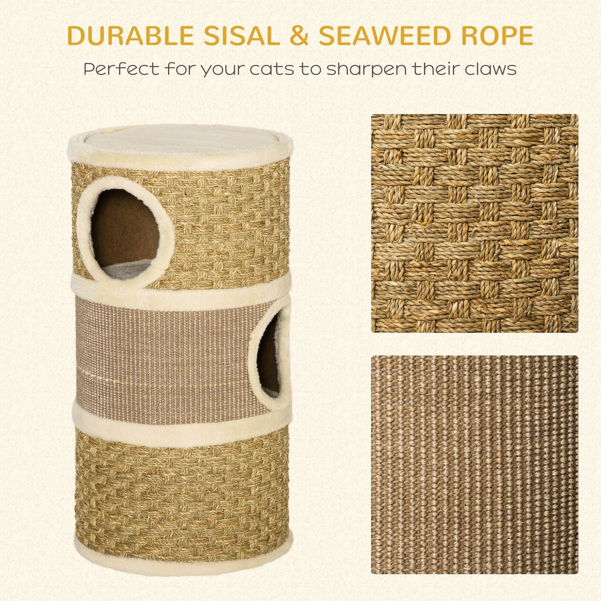 Sisal & Seaweed Rope Cat Scratching Barrel Tower, 70cm - Natural - Cat Trees - Purr Wish