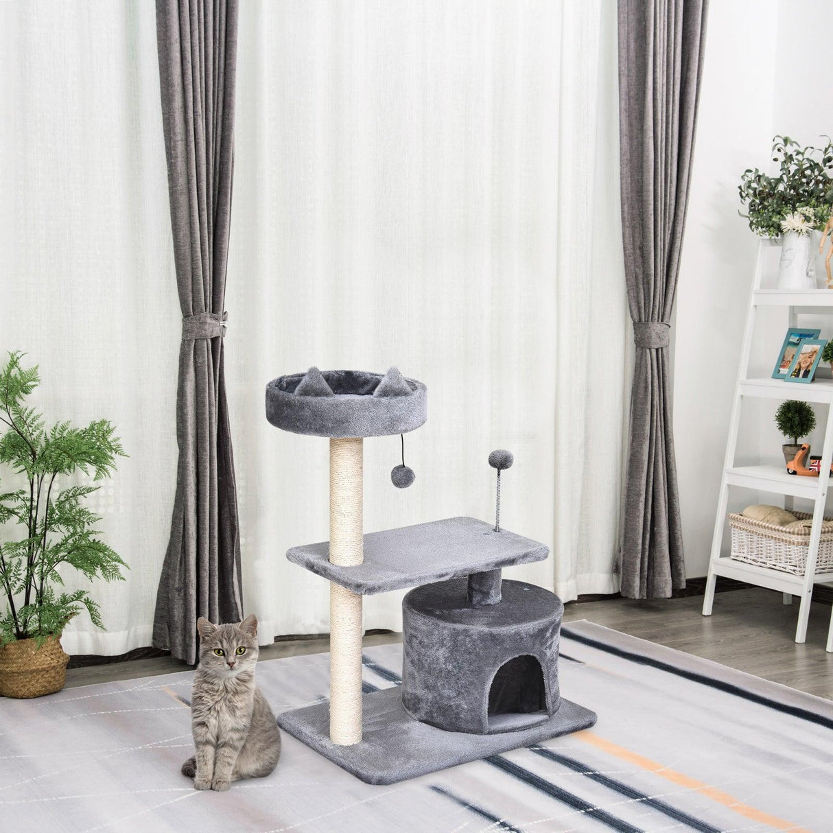 3-Tier Cat Tower w/ Hide-Away House, 81cm - Grey - Cat Trees - Purr Wish