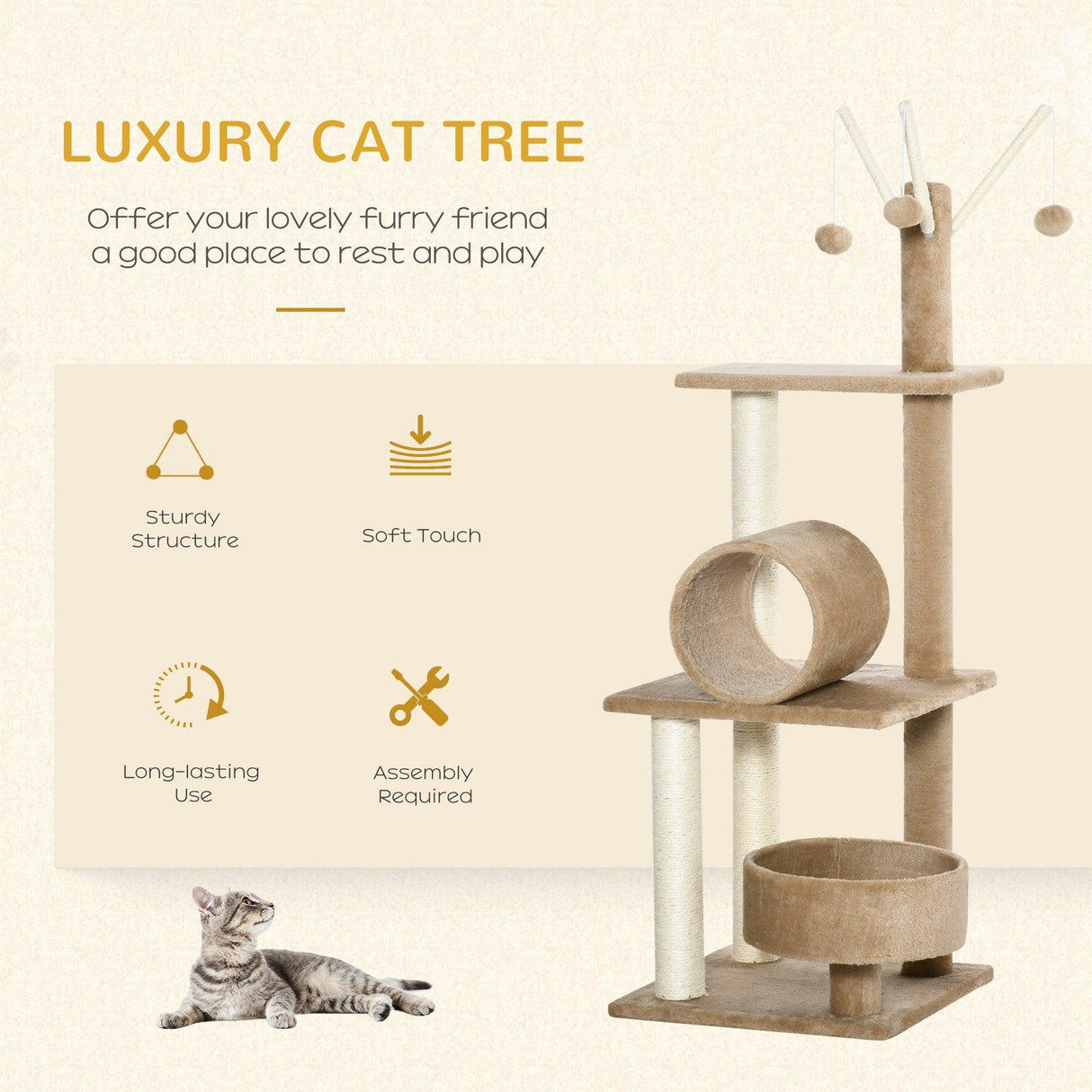 Cat Tree Tower Activity Center, 121cm - Light Brown - Cat Trees - Purr Wish