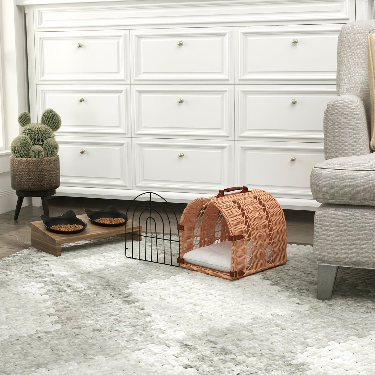 Orange Wicker Cat Carrier Basket Kitten Bed with Soft Cushion, 37 x 28 x 29 cm