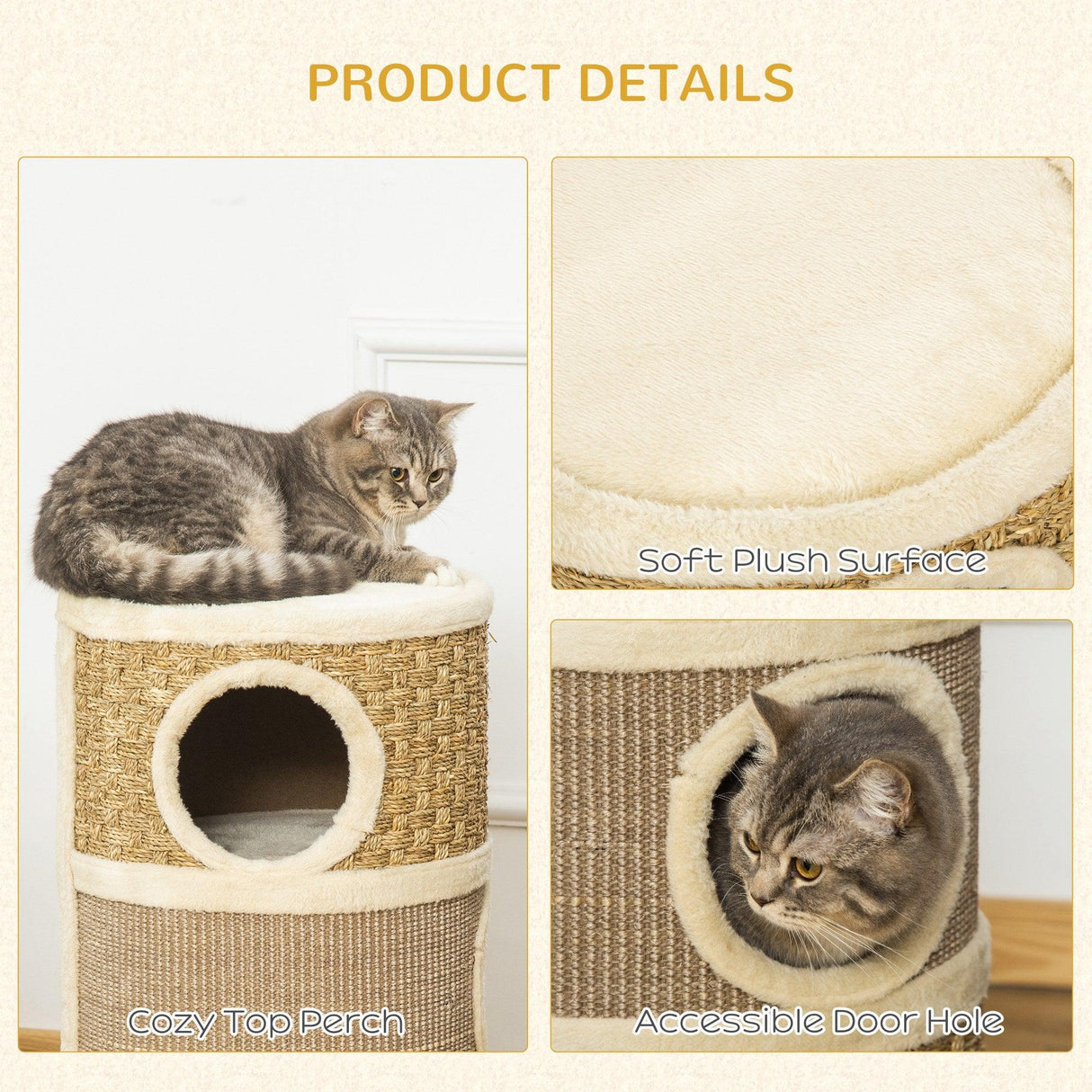 Sisal & Seaweed Rope Cat Scratching Barrel Tower, 70cm - Natural - Cat Trees - Purr Wish
