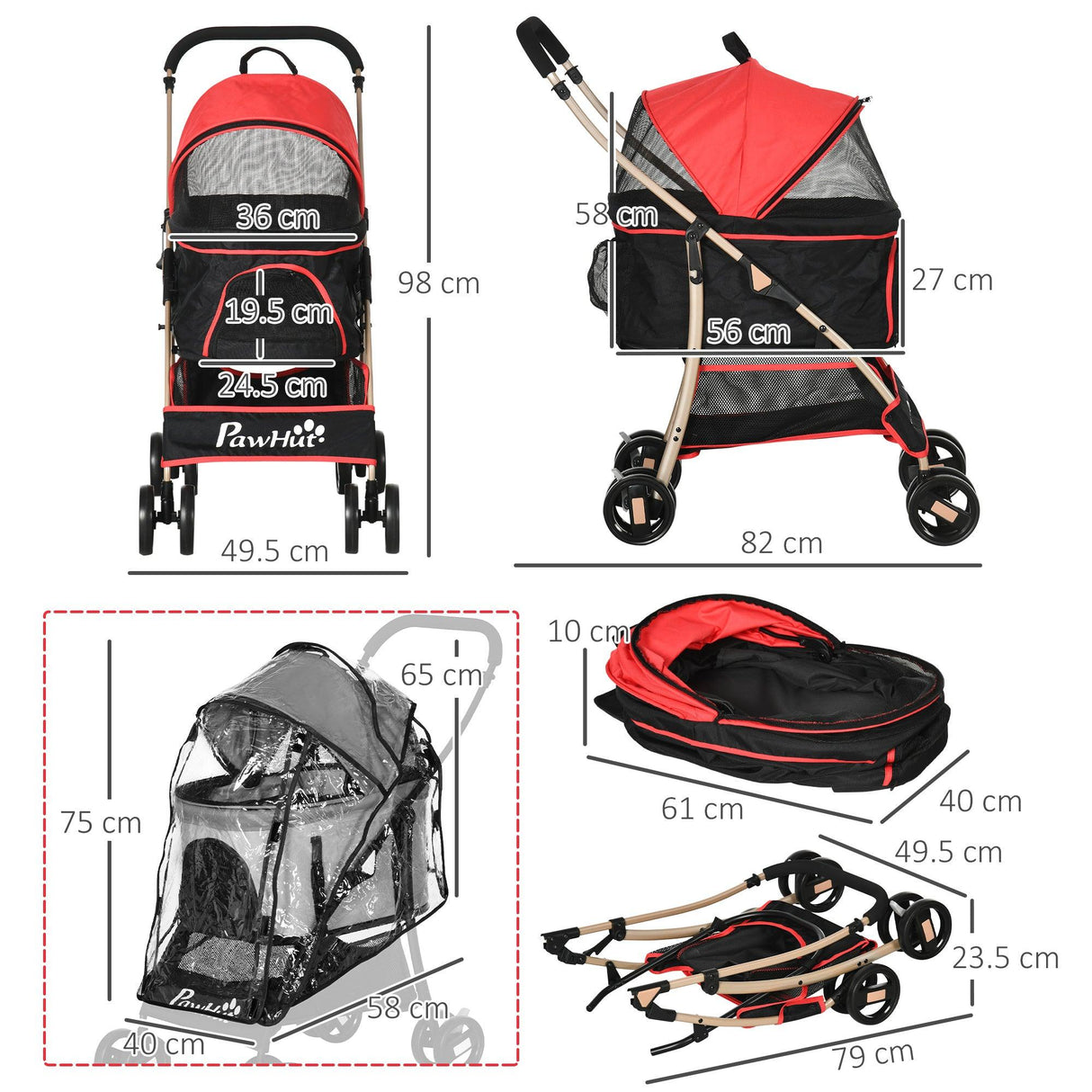 3-in-1 Cat Stroller - Carrier with Universal Wheel & Rain Cover - Red & Black - Cat Carriers & Strollers - Purr Wish