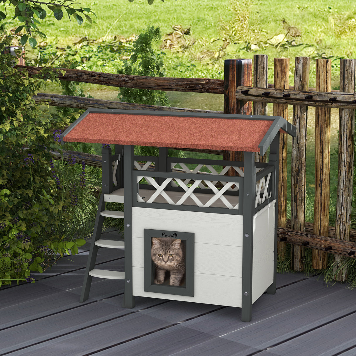 Cat House Outdoor with Balcony, Stairs, Roof - White