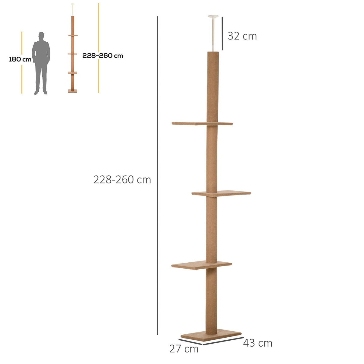 Floor-to-Ceiling Cat Tree, 260cm Tall - Brown - Cat Trees - Purr Wish