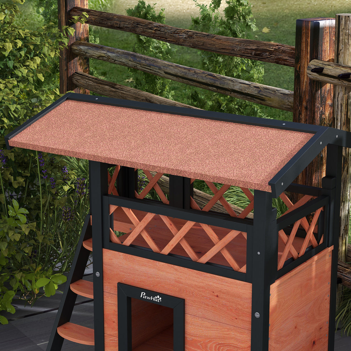 Cat House Outdoor with Balcony, Stairs, Roof - Brown