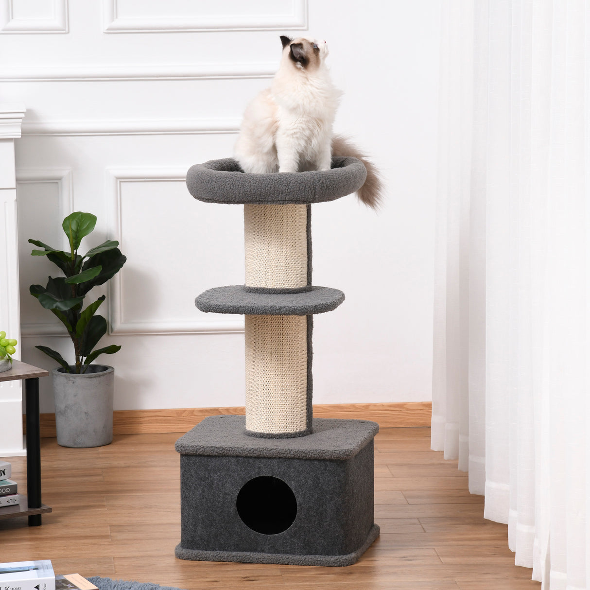Grey Multi-Level Cat Tower with Plush Perches
