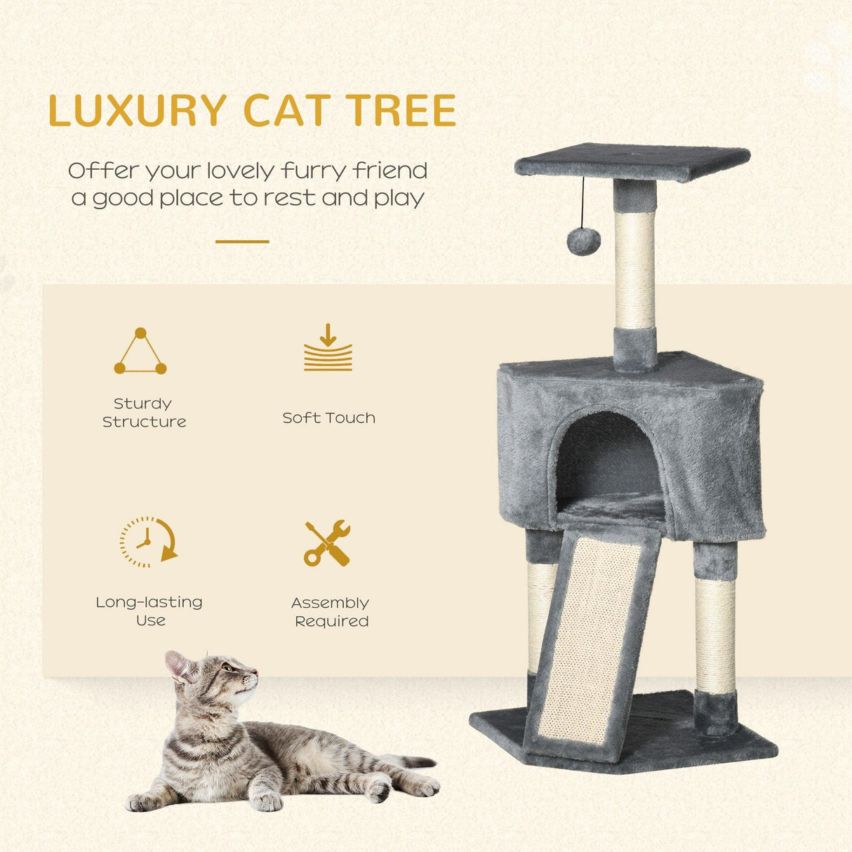 Corner Cat Tower w/ Sisal Rope Scratching Post, 98cm - Grey - Cat Trees - Purr Wish