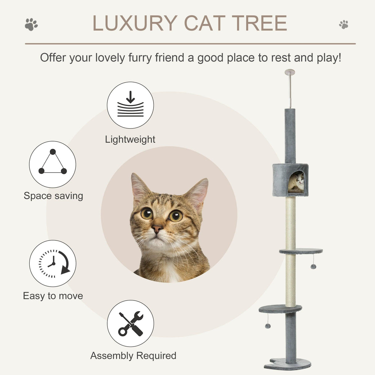 Multi-Layer Cat Tree Tower, 217cm - Light Grey - Cat Trees - Purr Wish