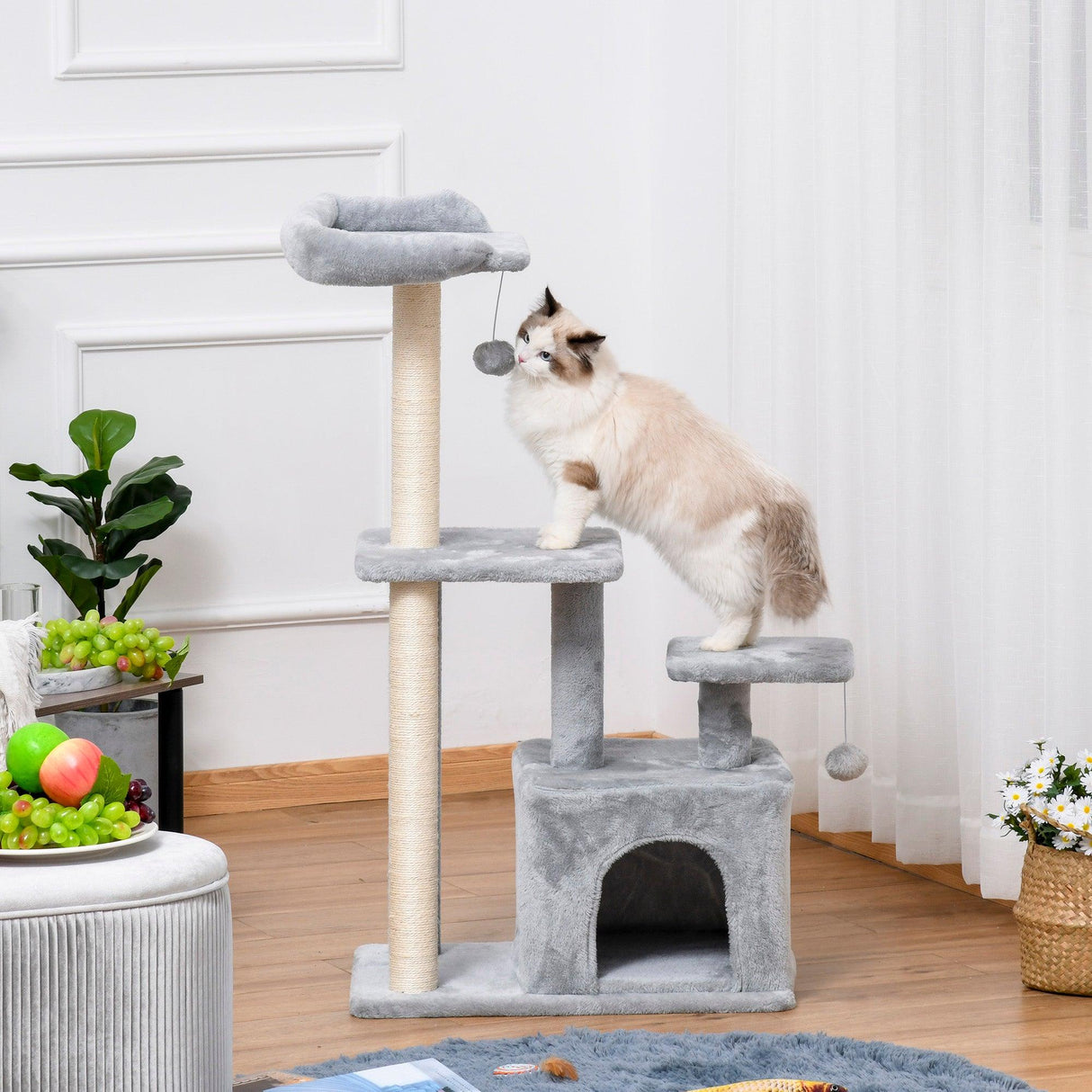 Cat Tower with Perch and Hanging Ball Toy, 114cm - Grey - Cat Trees - Purr Wish