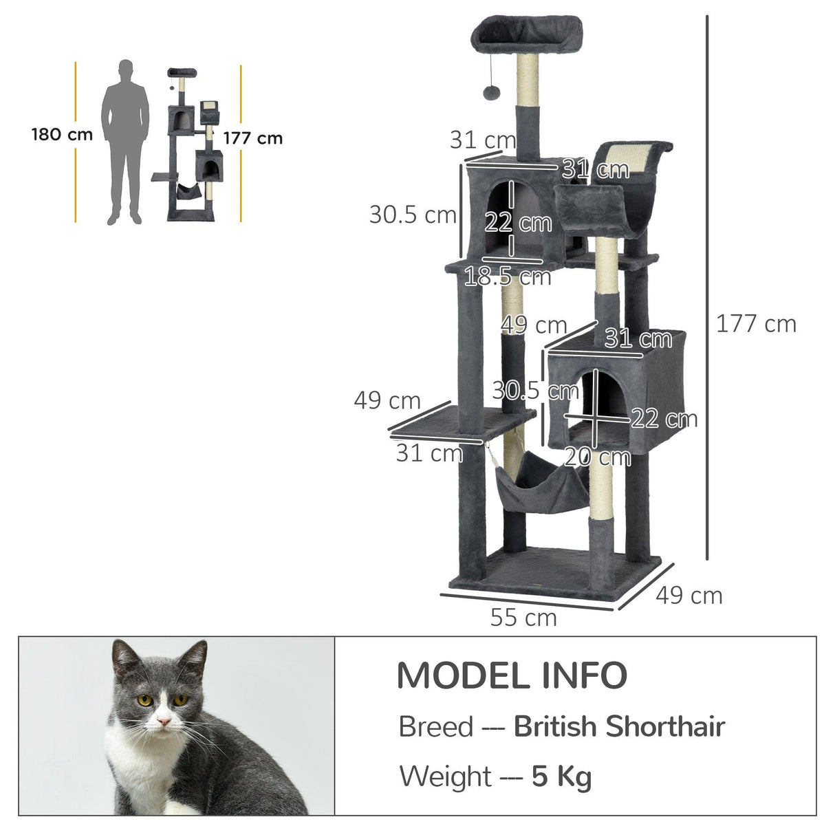 Multi-level Cat Tree with Condos, Toy Ball, 177cm - Dark Grey - Cat Trees - Purr Wish