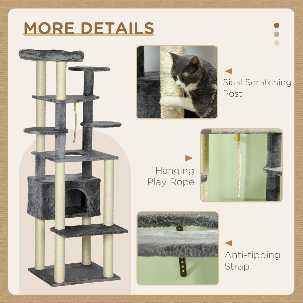 Multi-level Cat Tree w/ Scratching Posts, Bed, Condo, 184cm - Grey - Cat Trees - Purr Wish