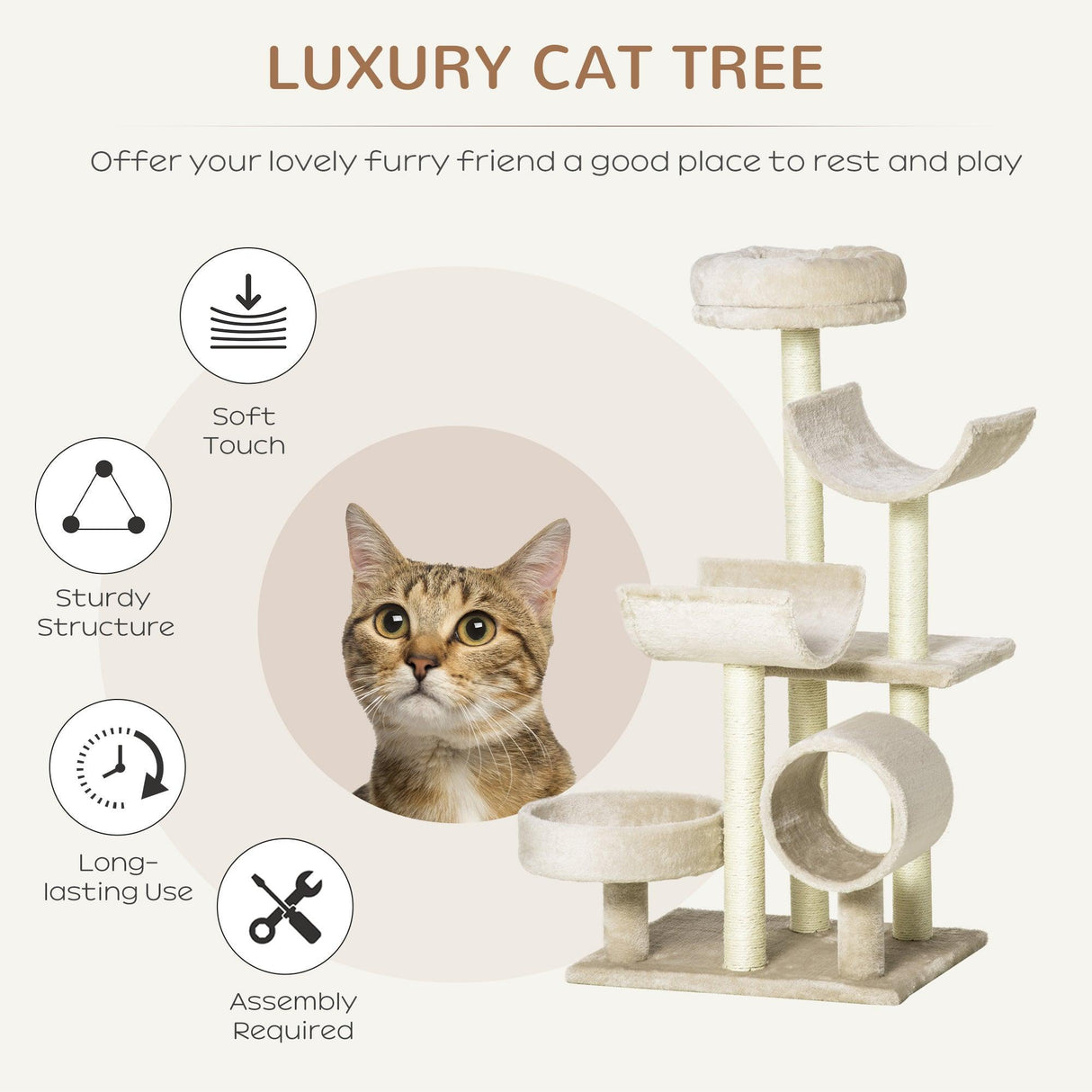 Cat Tree with Tunnels & Plush Covering - Beige - Cat Trees - Purr Wish