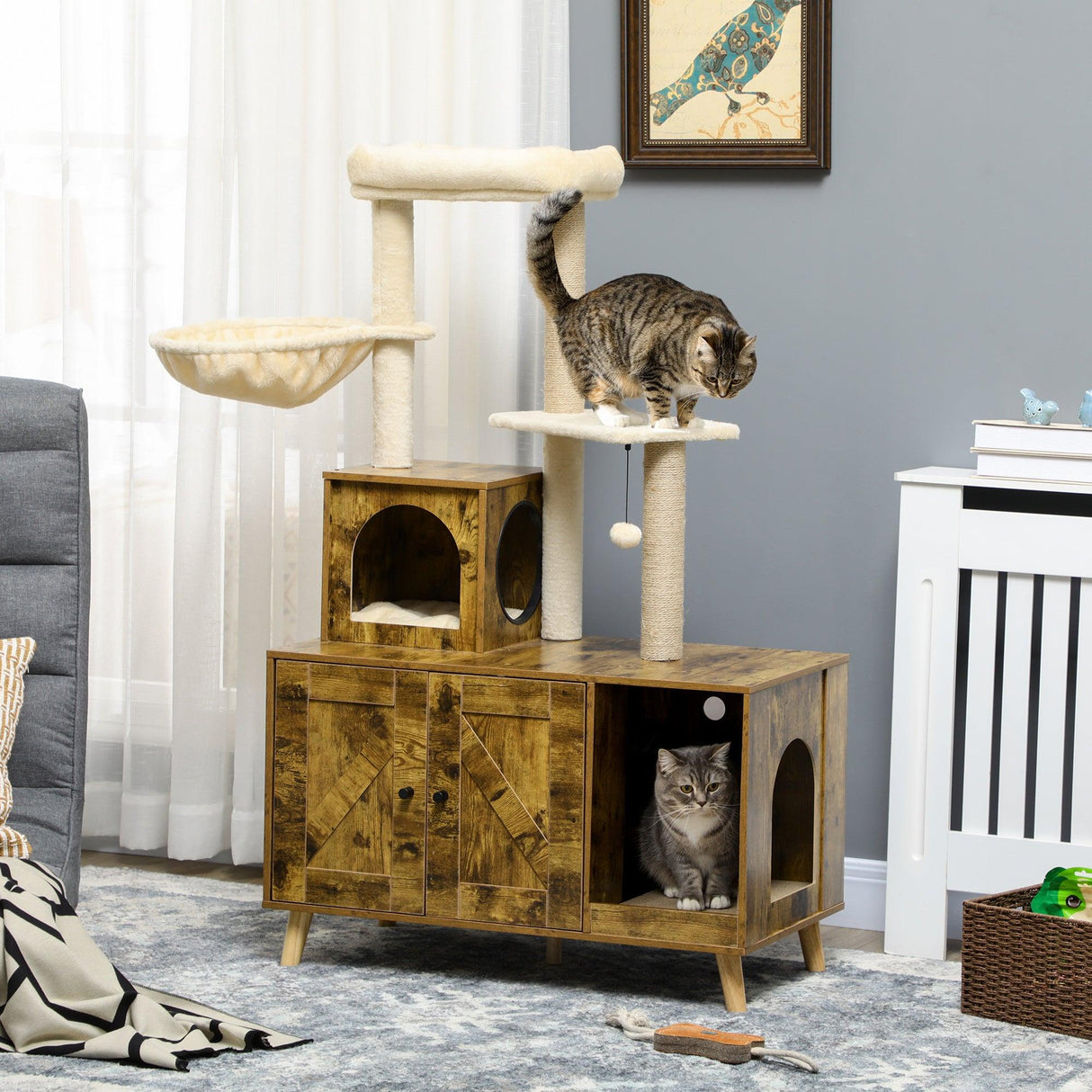 Cat Litter Enclosure w/ Cat Tree, 138cm - Rustic Brown - Cat Trees - Purr Wish