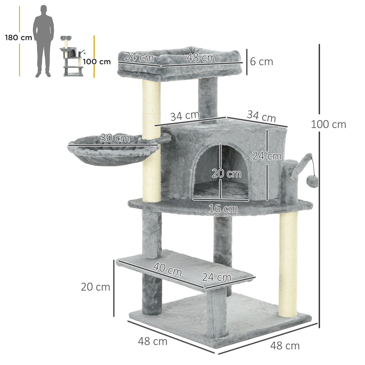 Grey Sisal Cat Tree Tower with Scratching Post, 100cm - Grey - Cat Trees - Purr Wish