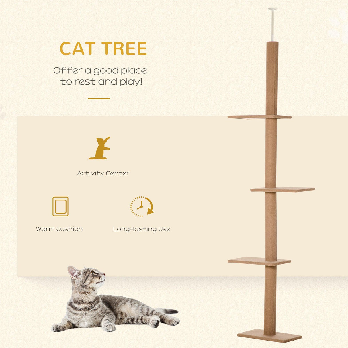Floor-to-Ceiling Cat Tree, 260cm Tall - Brown - Cat Trees - Purr Wish