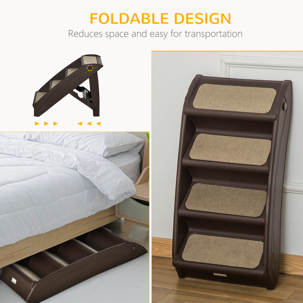 Foldable Pet Stairs for Cats, Dark Brown, 62cm