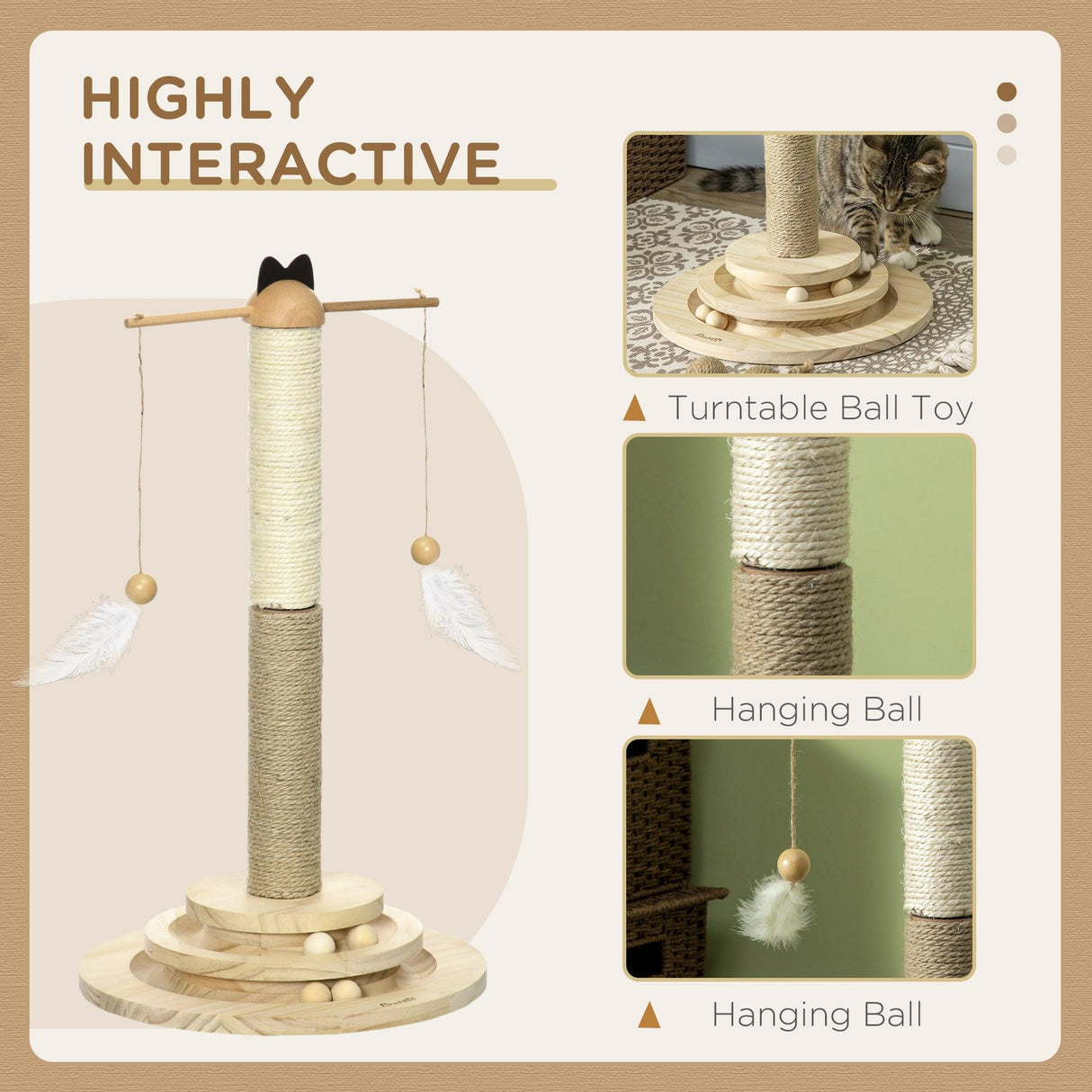 Interactive Natural Cat Tree with Ball Toy, 56cm - Natural Finish - Cat Trees - Purr Wish