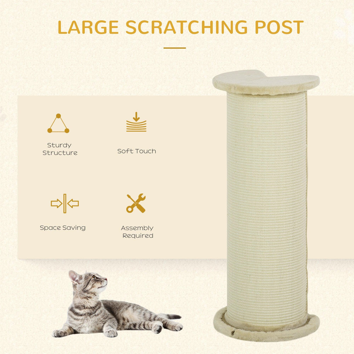 Tall Cat Scratching Post with Sisal Rope, Soft Plush Cover, 85cm - Beige - Cat Scratchers - Purr Wish