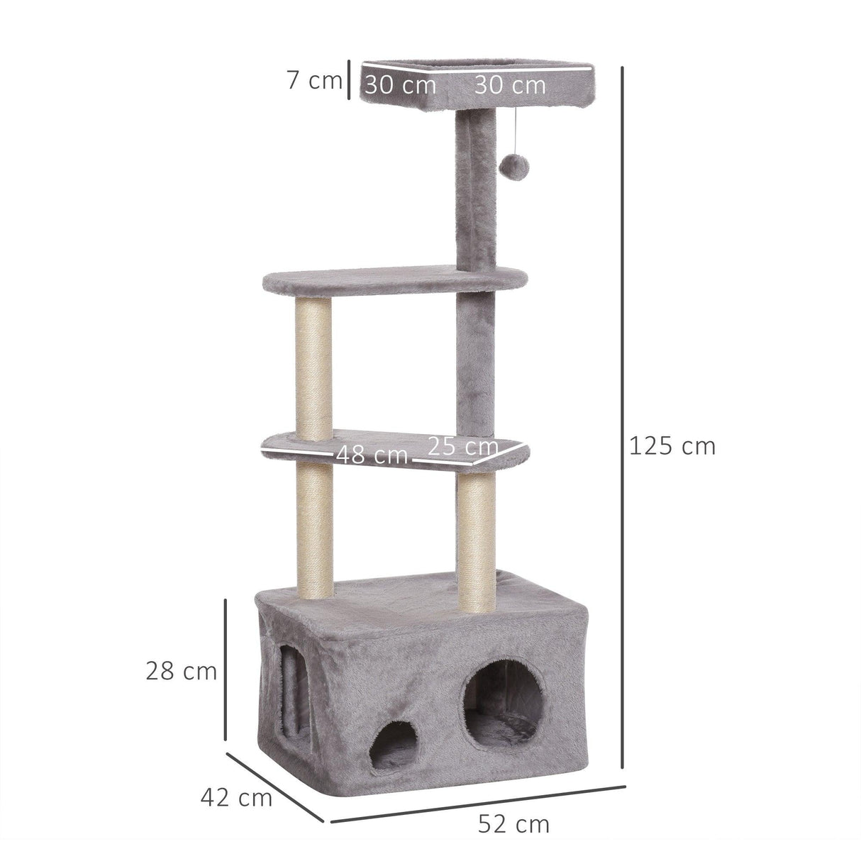 4-Level Cat Tower with Hanging Ball Toys, 125cm - Grey - Cat Trees - Purr Wish