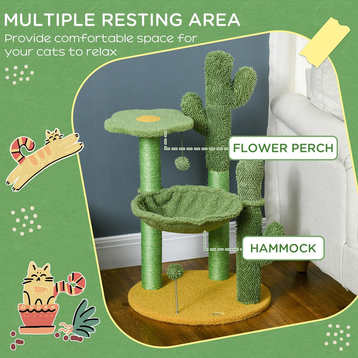 Cactus Cat Tree with Scratching Post, Hammock, 82cm - Green - Cat Trees - Purr Wish