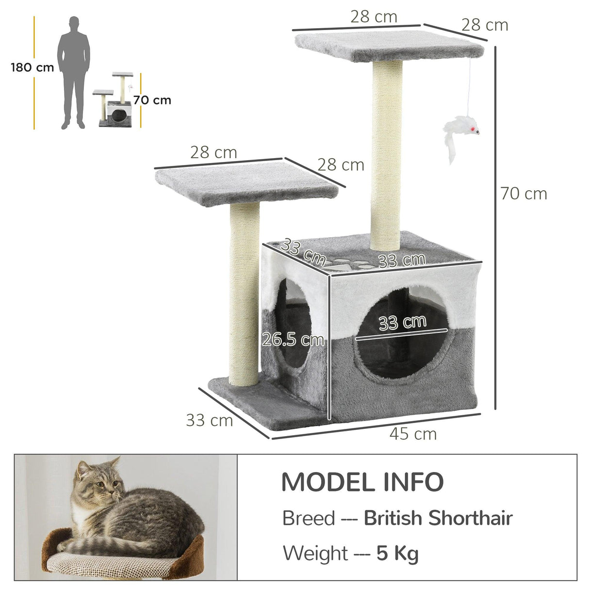 Cat Tree with Scratching Posts, Perches, and Toy Mouse, 70cm - Grey - Cat Trees - Purr Wish