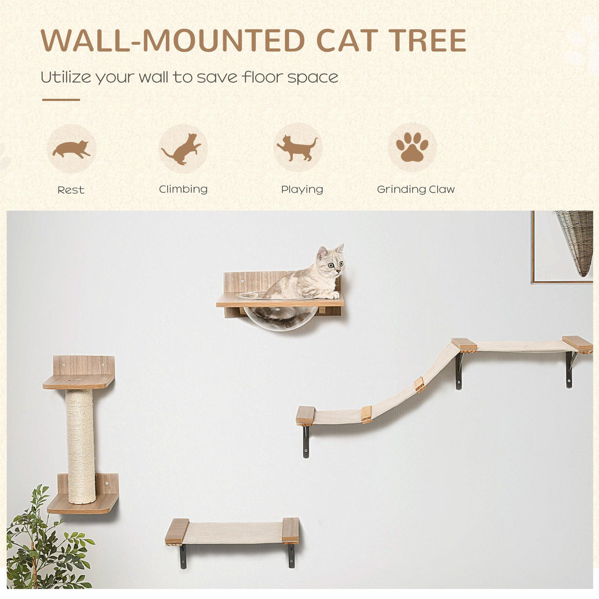 4-Piece Brown Wall-Mounted Cats Climbing Shelf Set - Cat Walls - Purr Wish