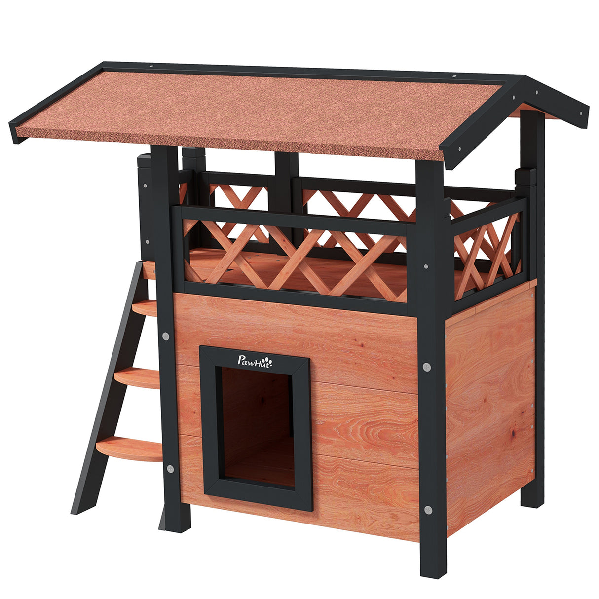 Cat House Outdoor with Balcony, Stairs, Roof - Brown