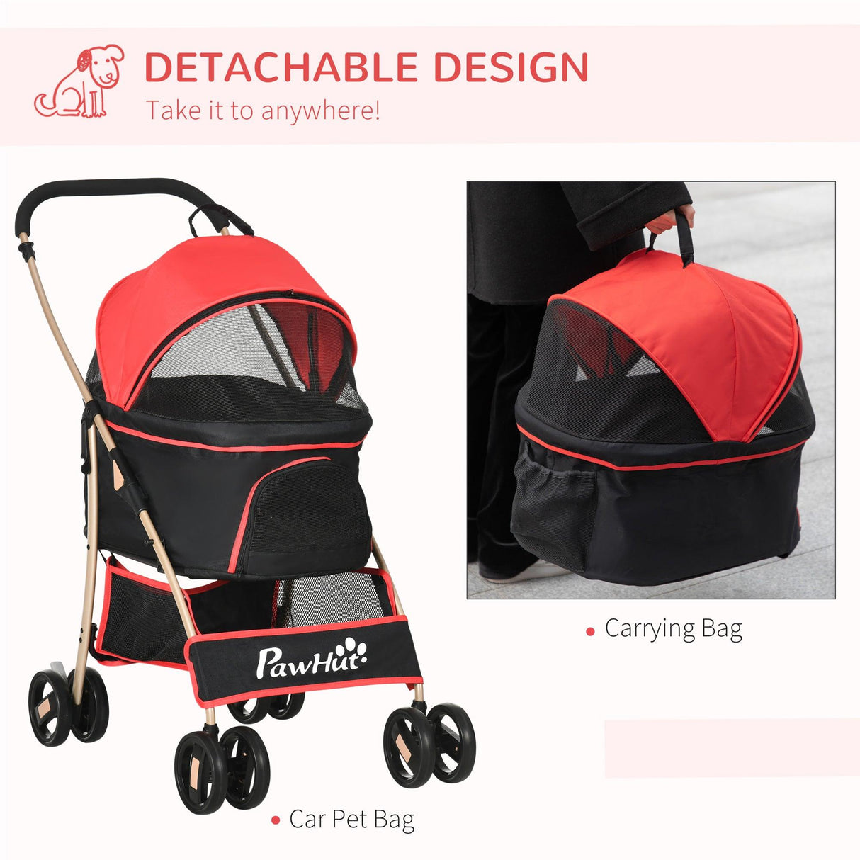 3-in-1 Cat Stroller - Carrier with Universal Wheel & Rain Cover - Red & Black - Cat Carriers & Strollers - Purr Wish