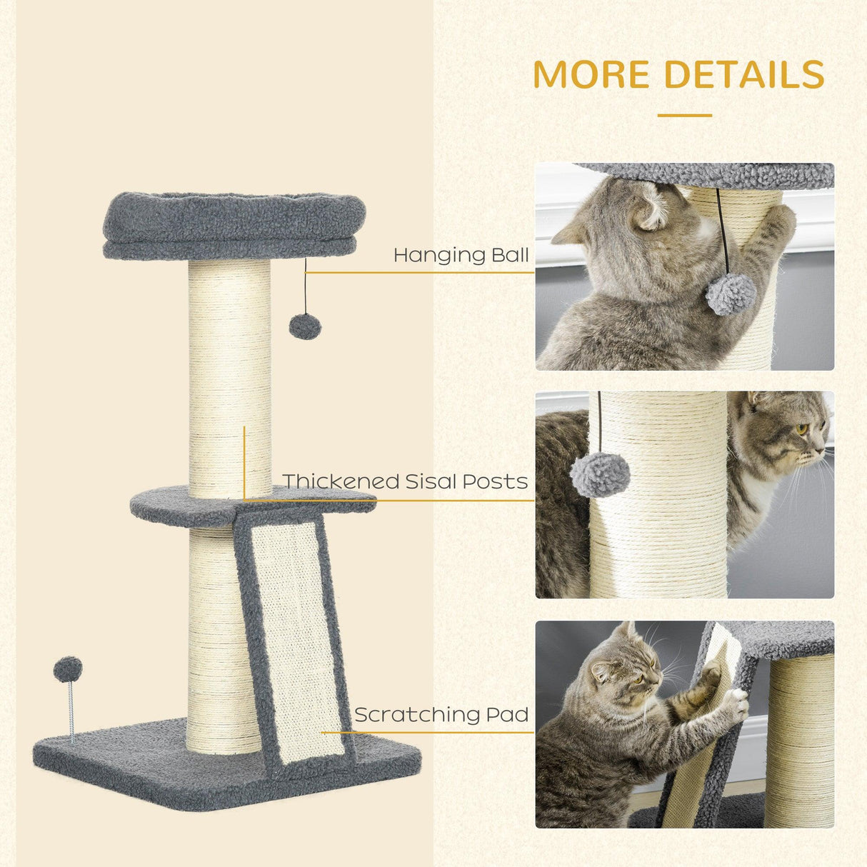 Contemporary Cat Tree & Bed, 127 cm - Grey & Beige - Cat Trees - Purr Wish