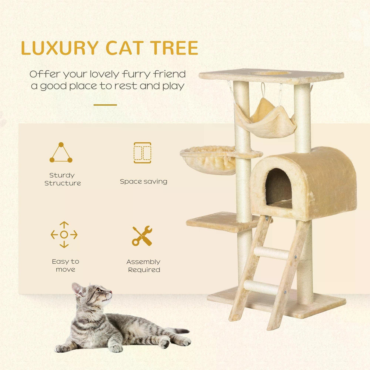 Cat Tree Tower Activity Centre w/ Hammock, 98cm - Beige - Cat Trees - Purr Wish