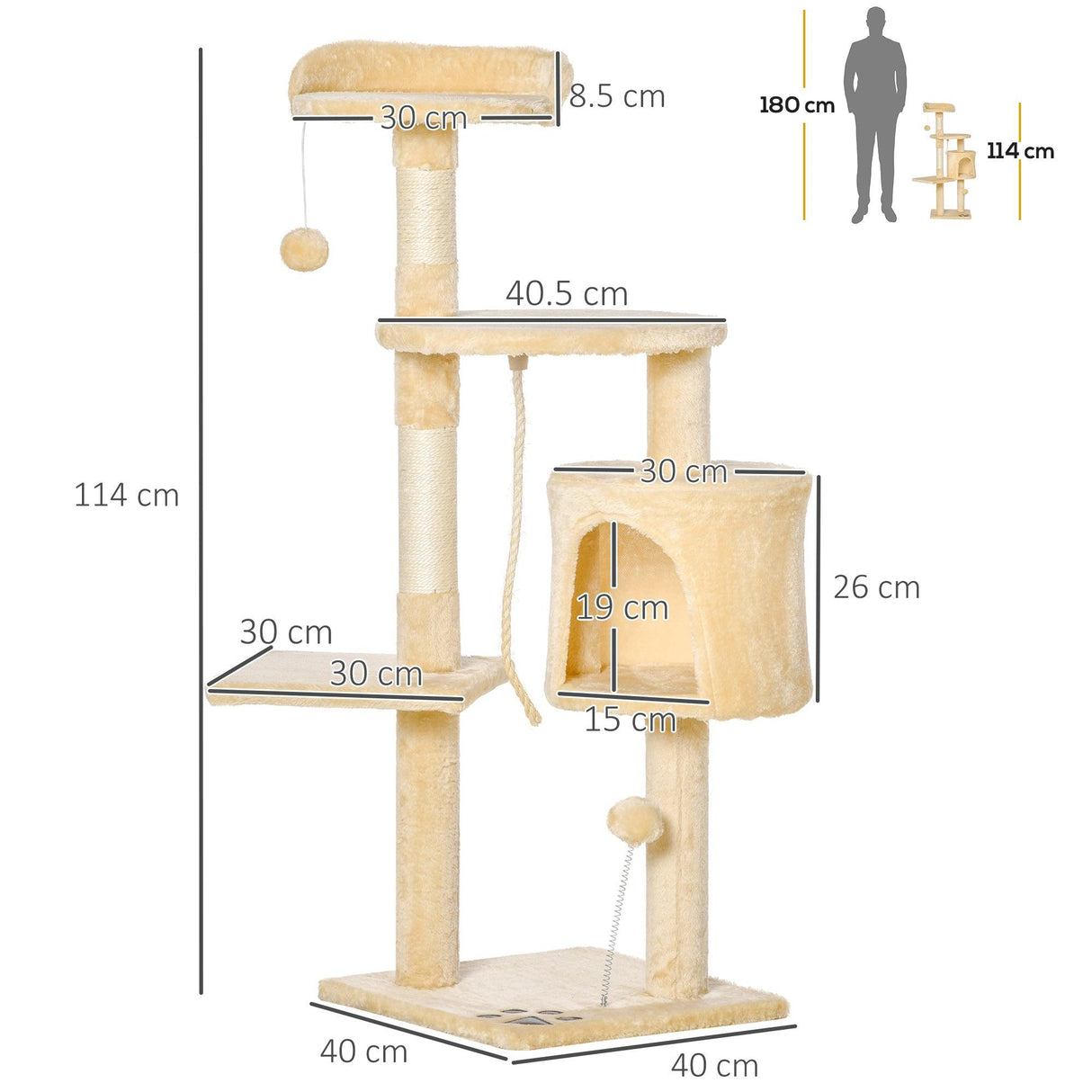 Multi-Level Cat Tree House, 114cm - Beige - Cat Trees - Purr Wish