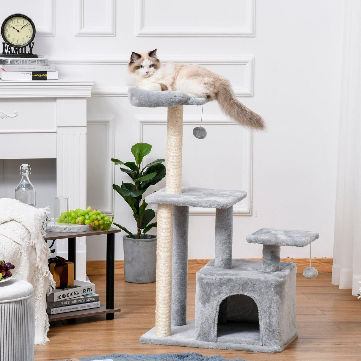 Cat Tower with Perch and Hanging Ball Toy, 114cm - Grey - Cat Trees - Purr Wish