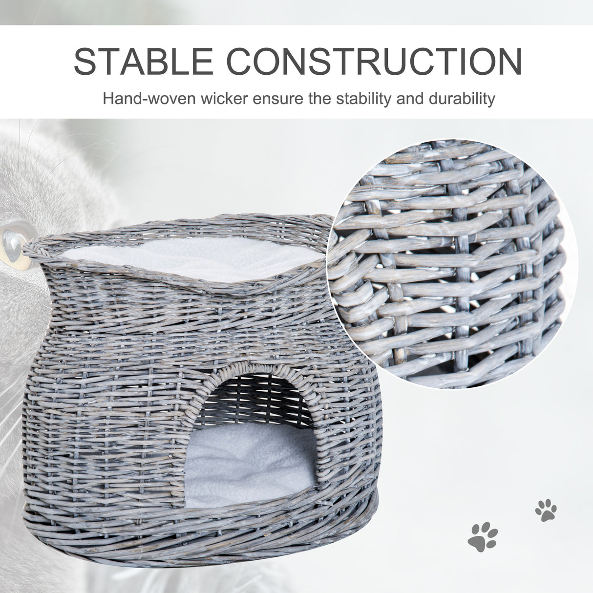 Grey Wicker 2-Tier Cat House with Washable Cushions, 56L x 37W x 40h-cm