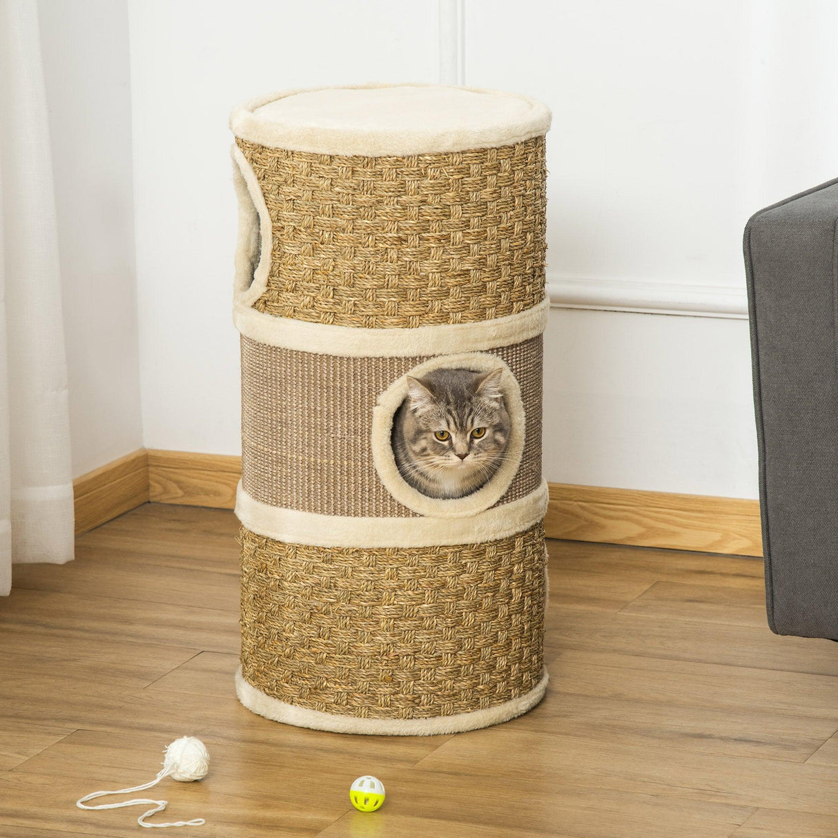 Sisal & Seaweed Rope Cat Scratching Barrel Tower, 70cm - Natural - Cat Trees - Purr Wish