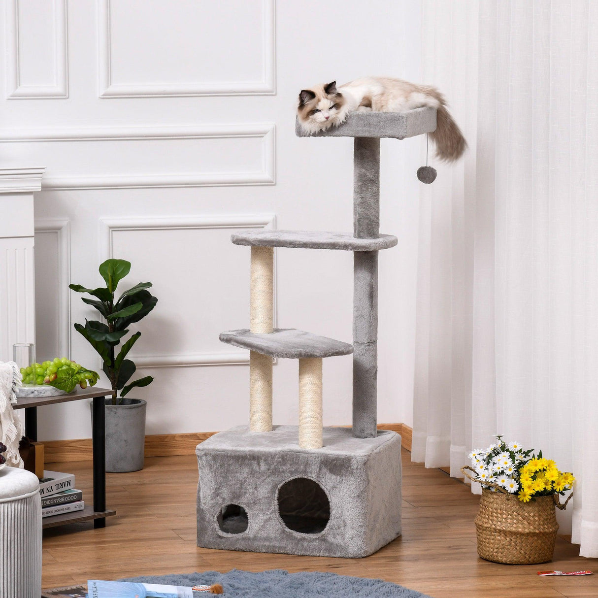 4-Level Cat Tower with Hanging Ball Toys, 125cm - Grey - Cat Trees - Purr Wish