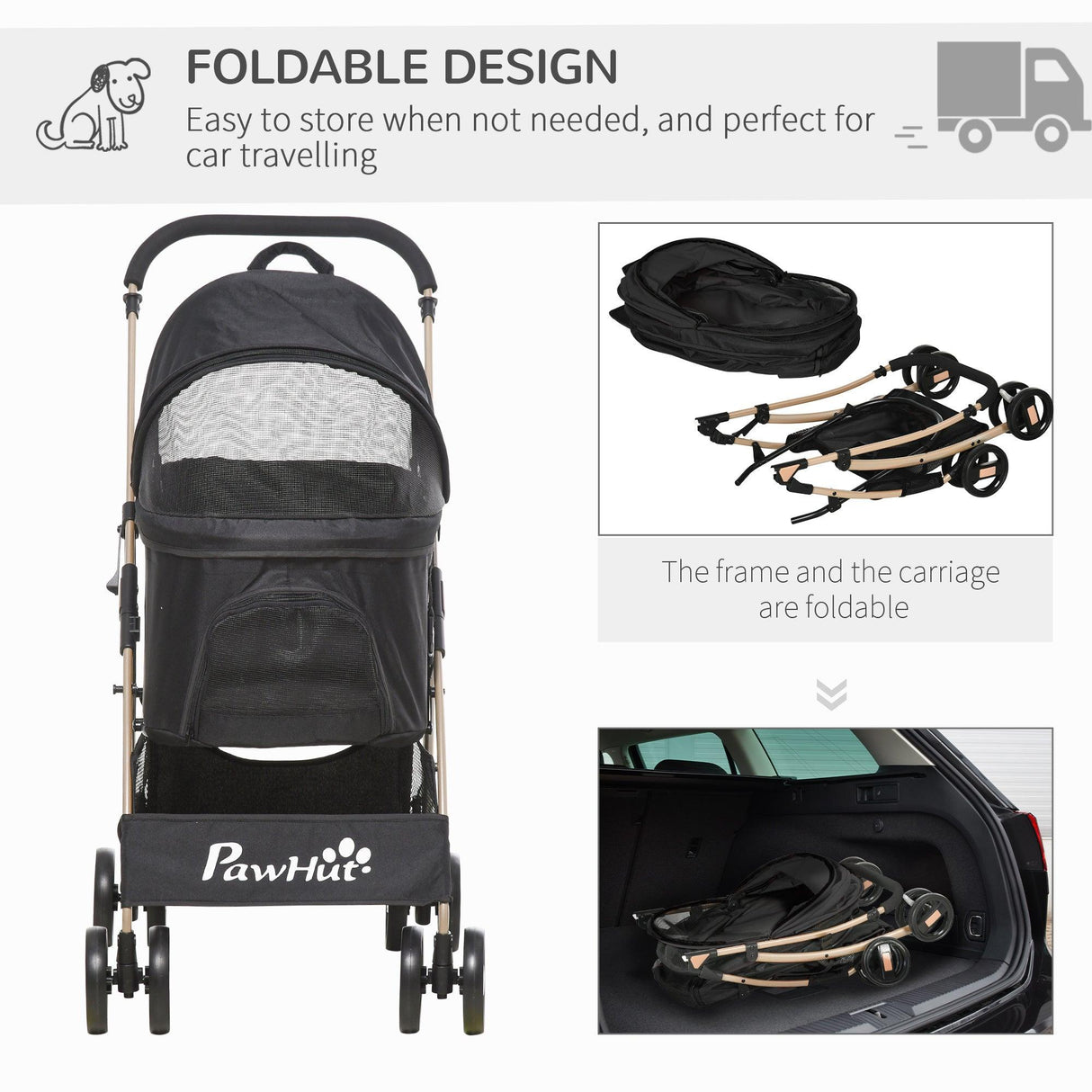 3-in-1 Cat Stroller - Carrier with Universal Wheel & Rain Cover - Black - Cat Carriers & Strollers - Purr Wish