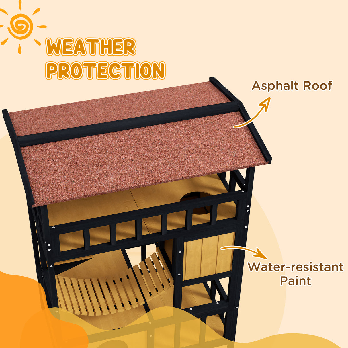 Four-Tier Wooden Outdoor Cat Shelter with Suspension Bridge - Grey