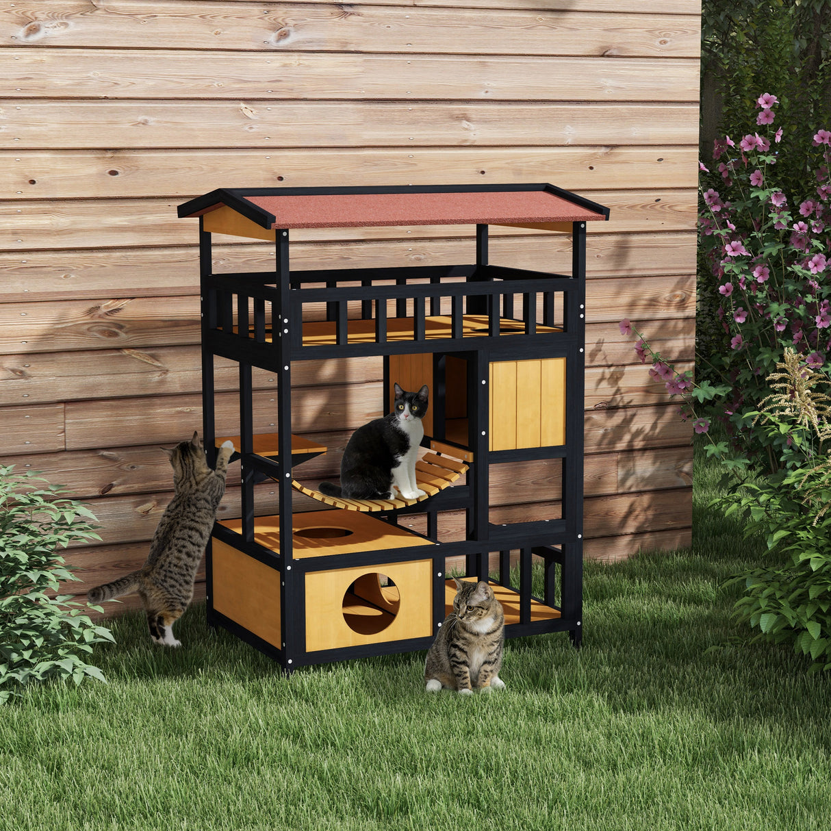 Four-Tier Wooden Outdoor Cat Shelter with Suspension Bridge - Grey