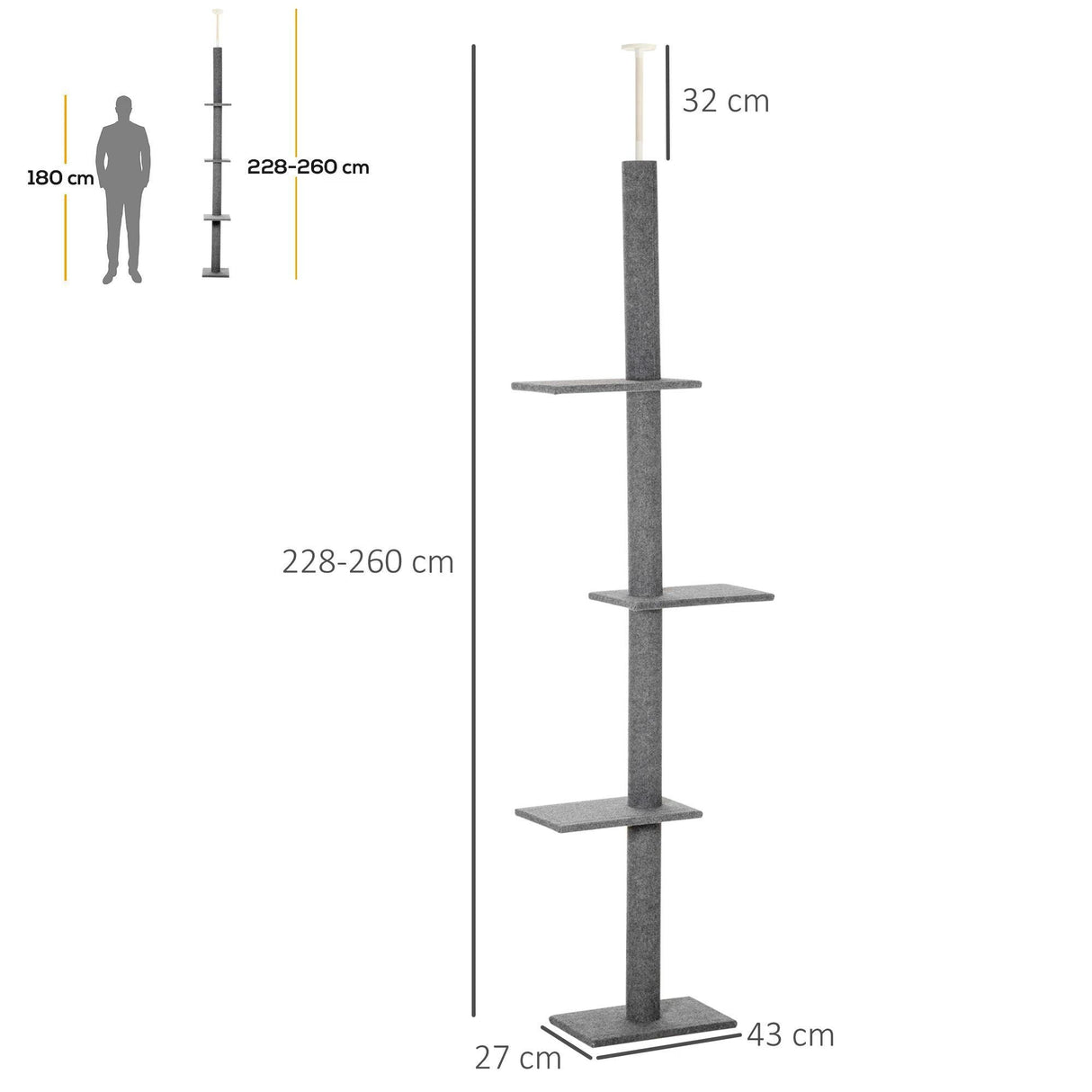 Floor-to-Ceiling Cat Tree with 3 Perches, 228-260cm - Grey - Cat Trees - Purr Wish