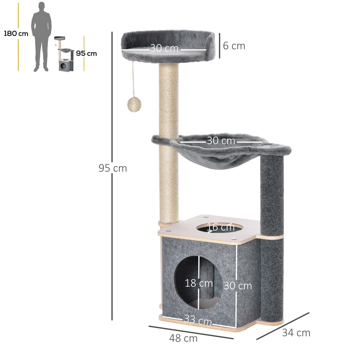 Cat Tree w/ Scratching Post, Condo, Hammock, 95cm - Grey - Cat Trees - Purr Wish