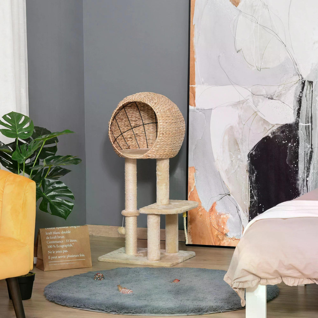 Cat Tower with Perch and Teasing Rope Toy, 100cm - Beige - Cat Trees - Purr Wish