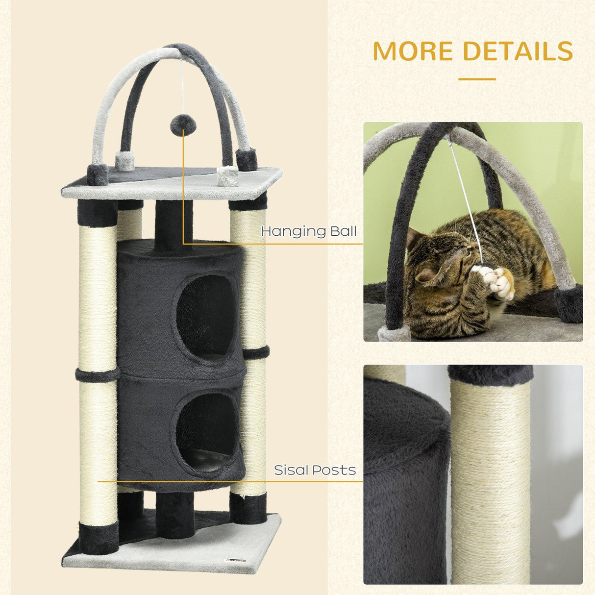 Cat Tree with Scratching Posts & Bed, 114cm - Dark Grey - Cat Trees - Purr Wish