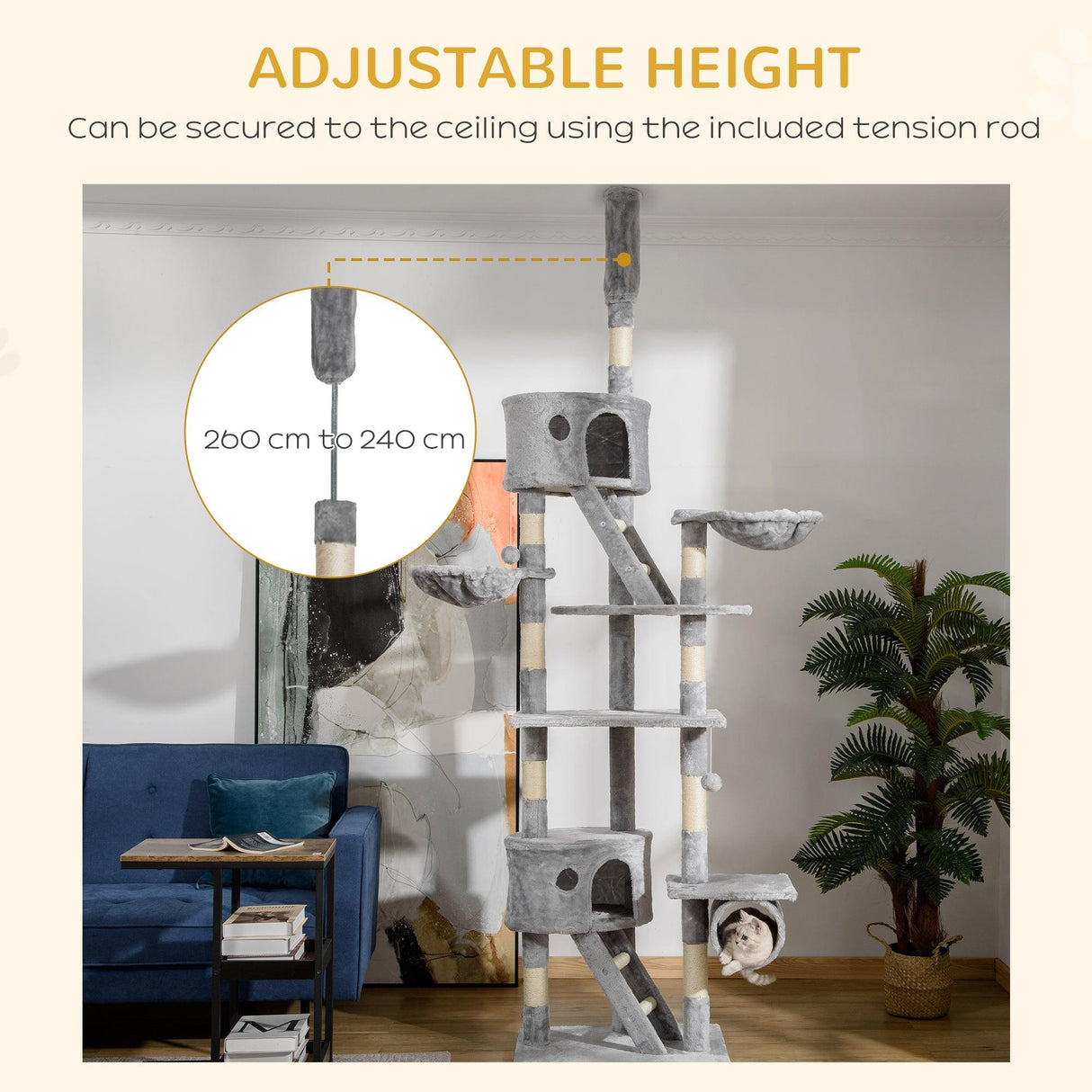 Adjustable Height Cat Tree, 240-260cm - Light Grey - Cat Trees - Purr Wish