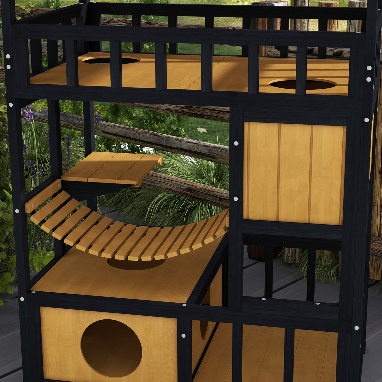 Four-Tier Wooden Outdoor Cat Shelter with Suspension Bridge - Grey