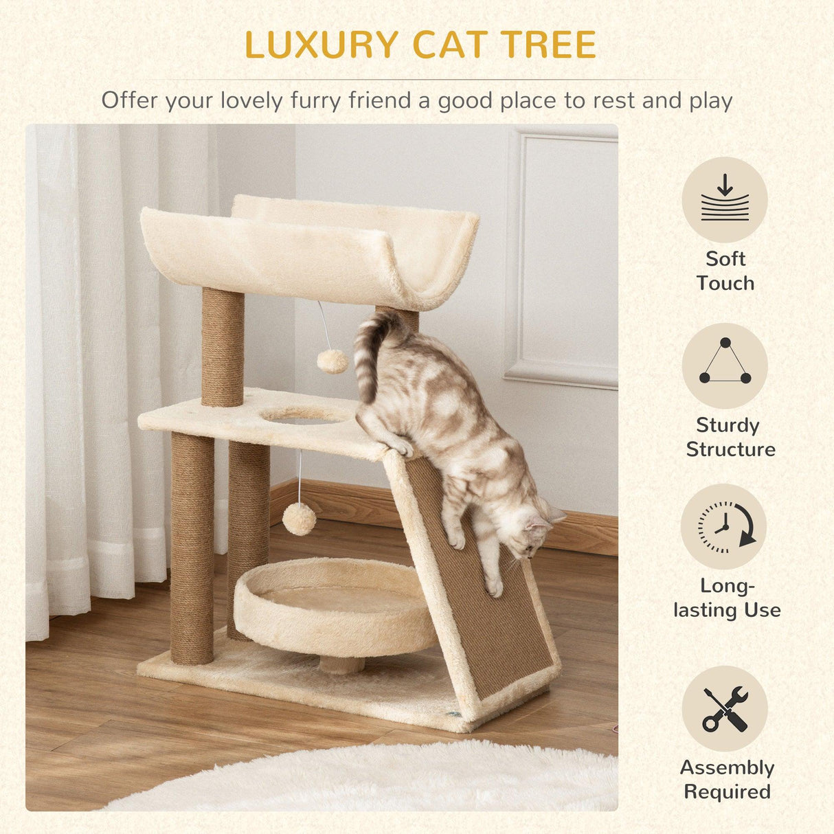 Cat Tree with Scratching Posts, 76cm - Light Brown - Cat Trees - Purr Wish