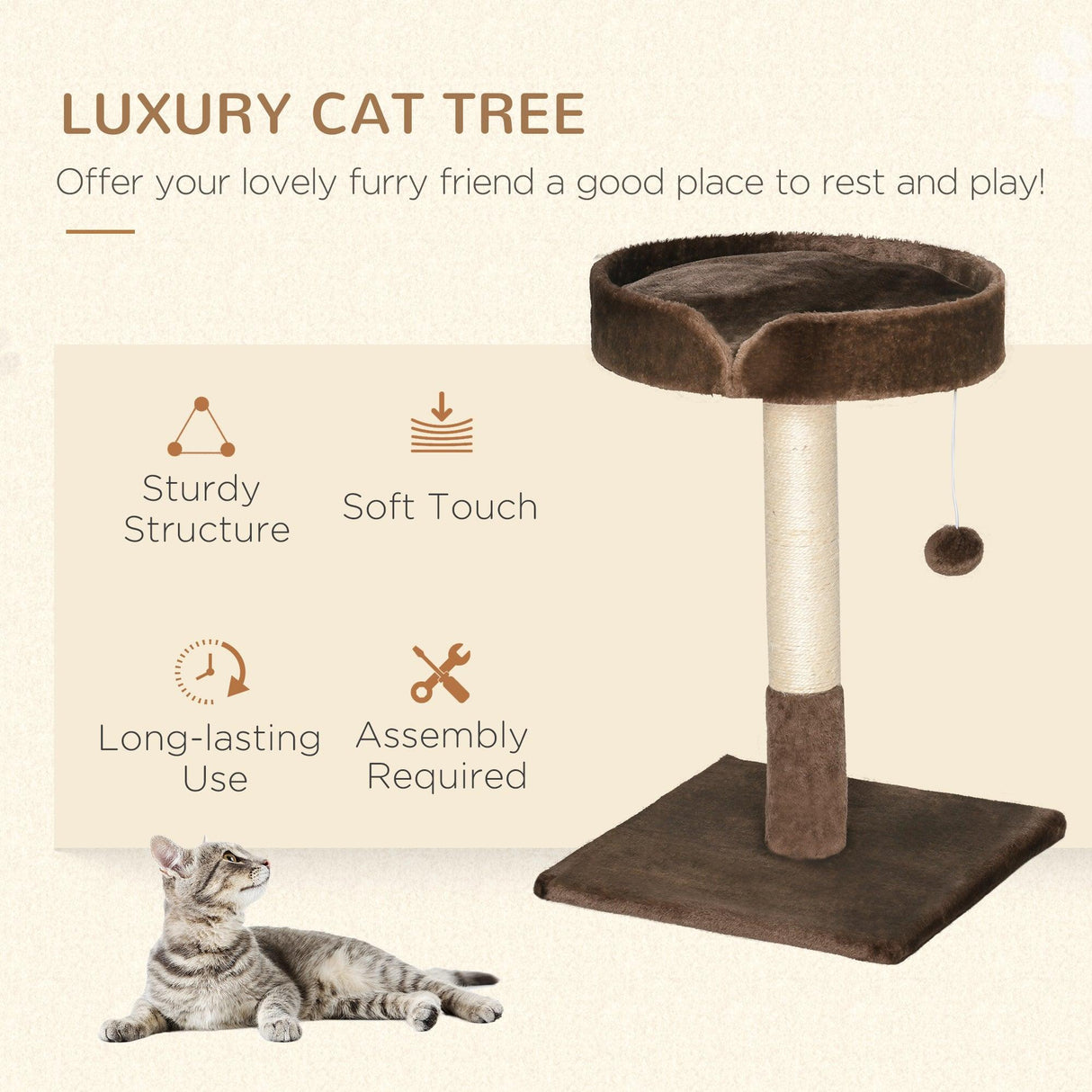 Cat Tree w / Sisal Scratching Post & Ball Toy - Brown - Cat Trees - Purr Wish