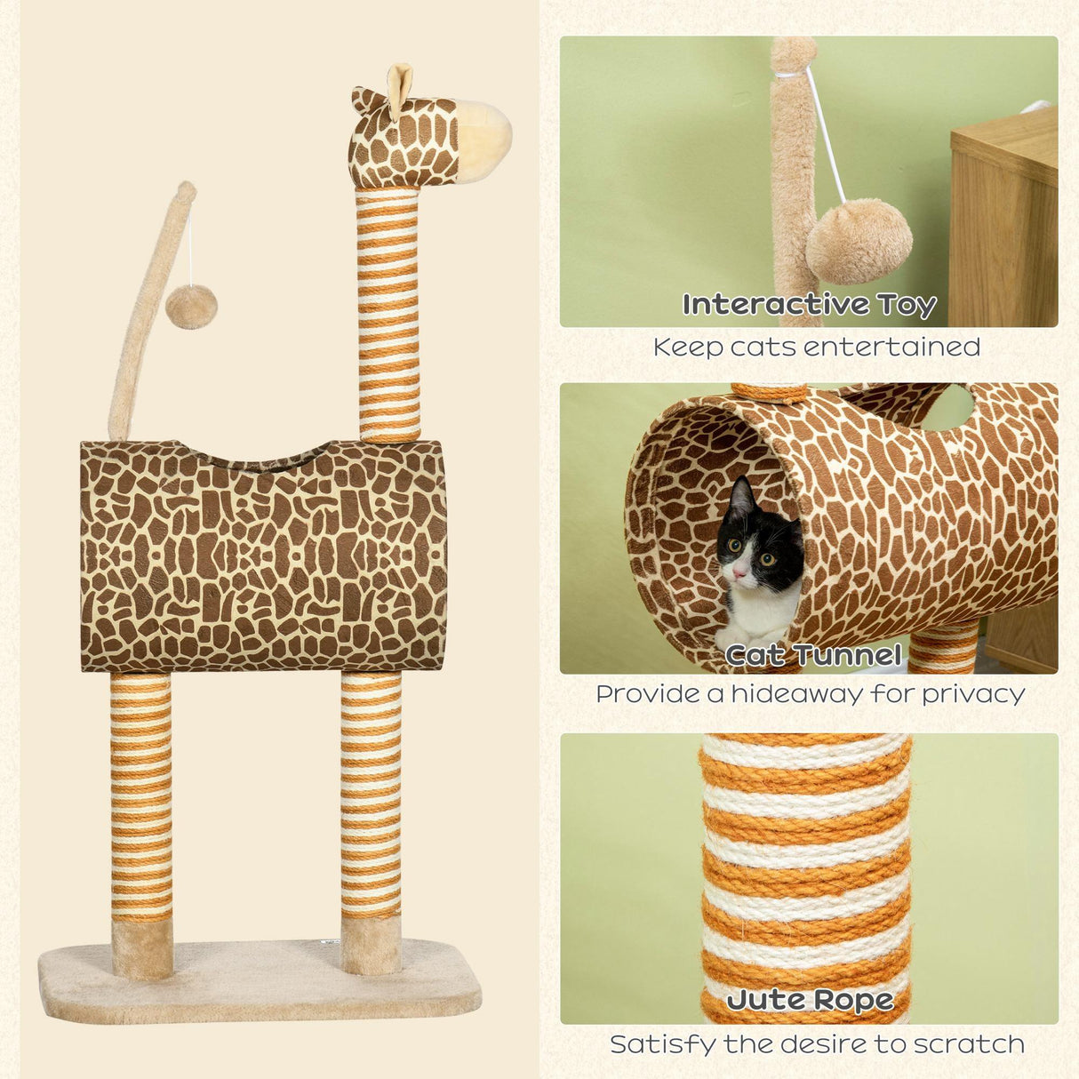 Cute Giraffe Cat Play Tower with Tunnel, 101cm - Beige - Cat Trees - Purr Wish